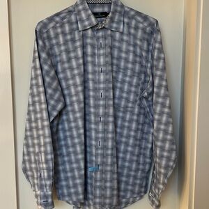 Bugatchi Men's Checkered Dress Shirt in Blue and White